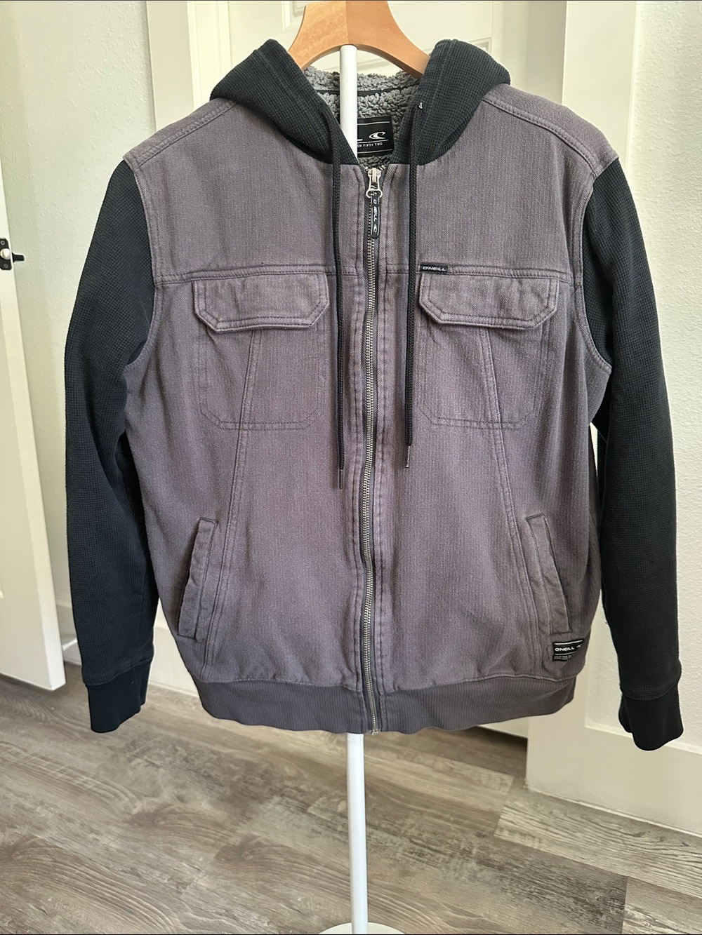 O'Neill Men's Mixed Media Sherpa Lined Full Zip Hooded Jacket Gray S